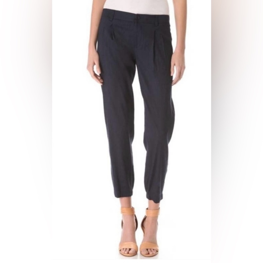 VINCE. Navy Blue Linen Blends Pants Joggers Pleated Front High Rise Waist Ankle